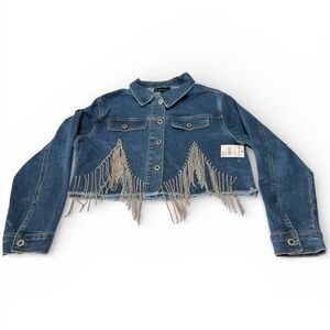 Juniors Denim Crop Jacket with Fringe Detail